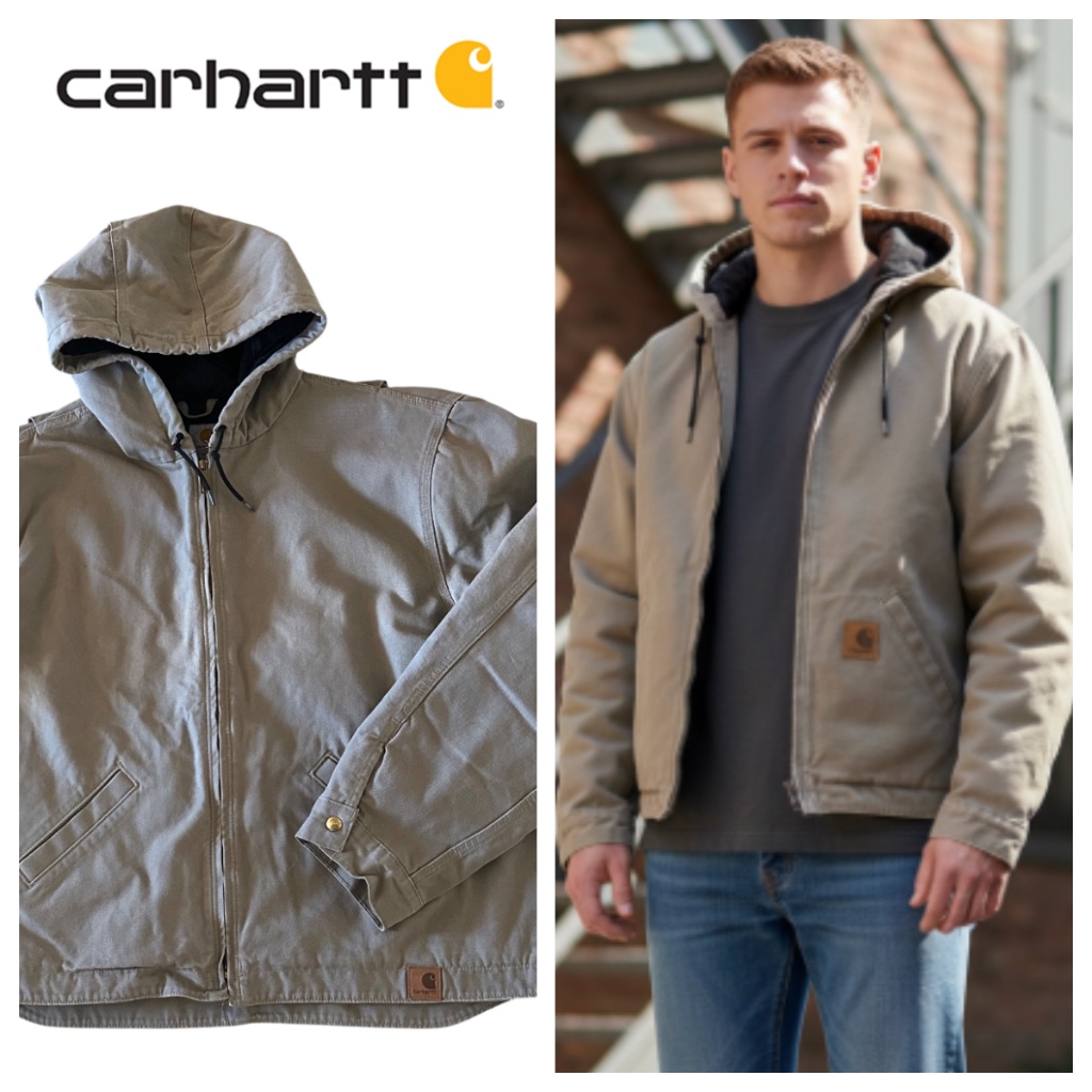 Carhartt Duck Jacket Coat Mens 2xl Xxl Hooded Quilted Canvas Gray Tan Workwear